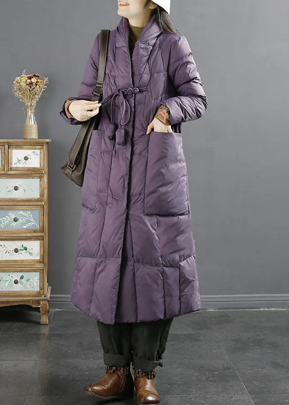 Purple Stand Collarembroideried Tassel Pockets Duck Down Down Coat Long Sleeve