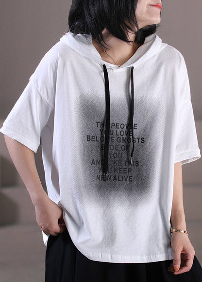 French Orange Hooded Letter Print Cotton Pullover Short Sleeve