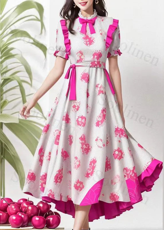 Beige Stand Collar Bow Ruffled Print Tie Waist Silk Long Dresses Summer