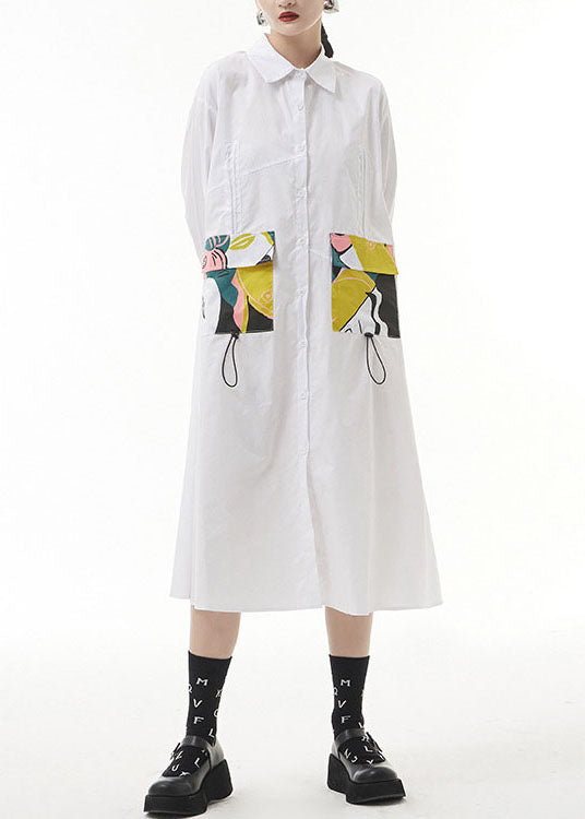 White Wrinkled Peter Pan Collar Pockets Print Shirt Dresses Spring