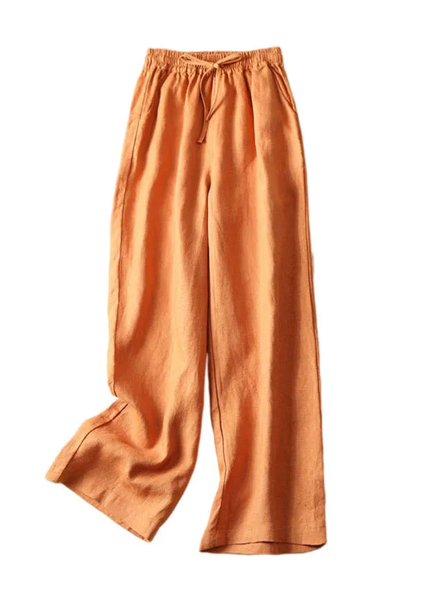 Stylish Orange Pockets Elastic Waist Drawstring Linen Wide Leg Pants Summer