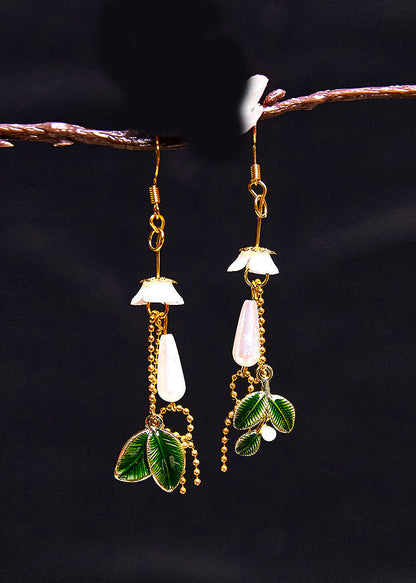 Water Droplet Pearl Green Leaf Drop Earrings
