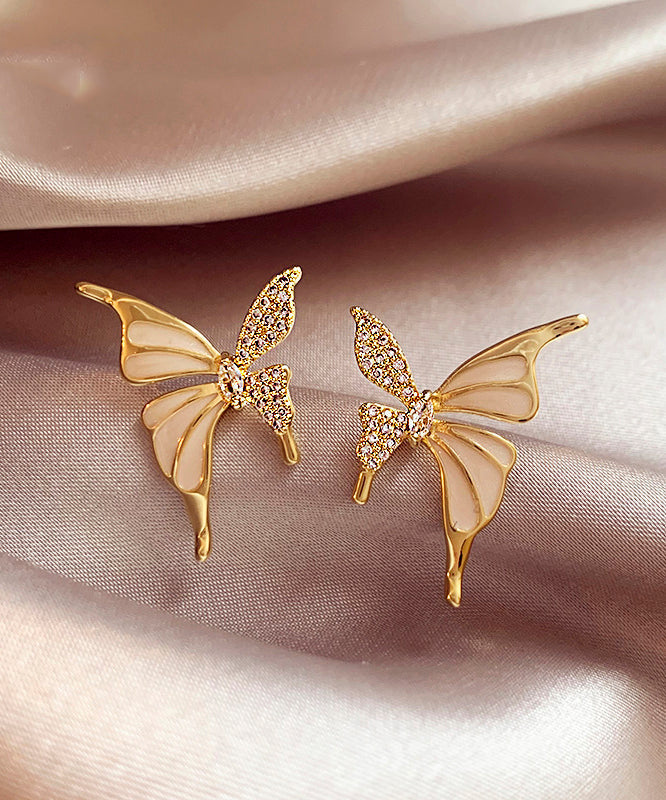 Gold Copper Alloy Zircon Butterfly Stud Earrings