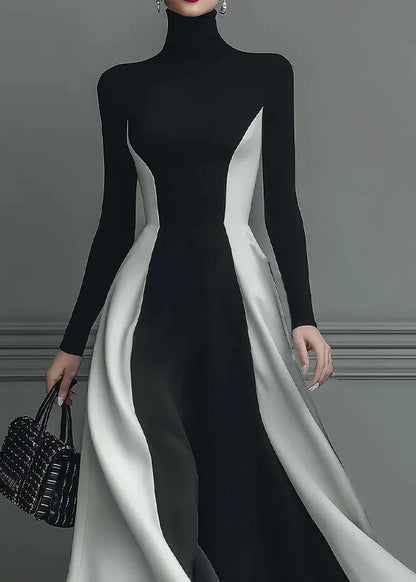 Fitted Black Hign Neck Patchwork Cotton Long Dress Spring
