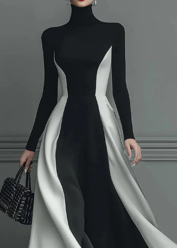 Fitted Black Hign Neck Patchwork Cotton Long Dress Spring