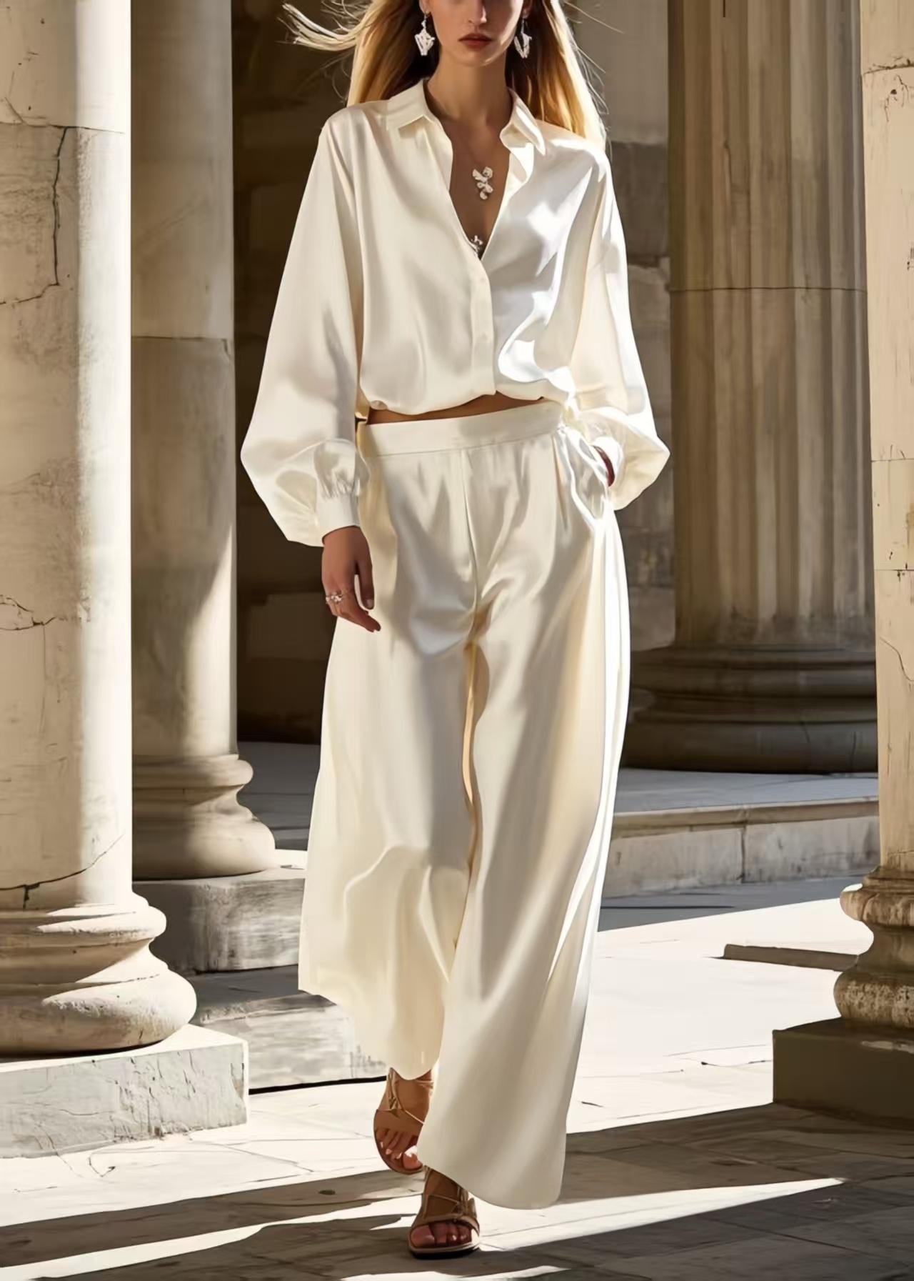 White Oversized Draping Ice Silk Two Pieces Set Spring