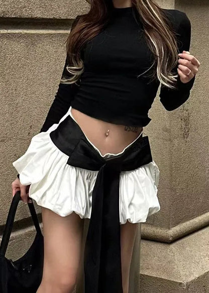 New Black Tops and White Skirts Lace Up Cotton Two Pieces Set Spring