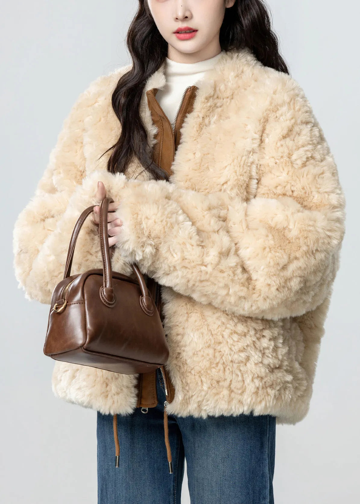 Loose Caramel Zip Up Pockets Wear on Both Sides Teddy Faux Fur Coats Winter