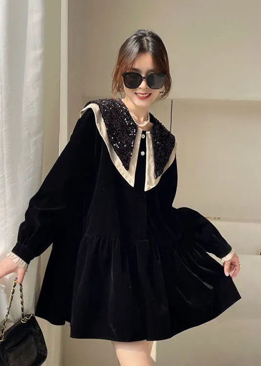 Boutique Black Sequins Patchwork Velour Dress Winter