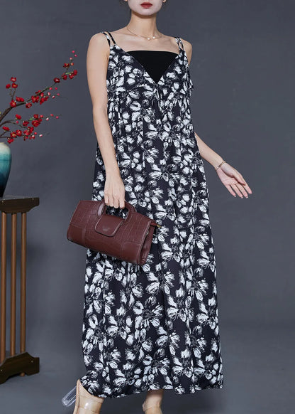 Black Print Exra Large Hem Chiffon Sundress Summer
