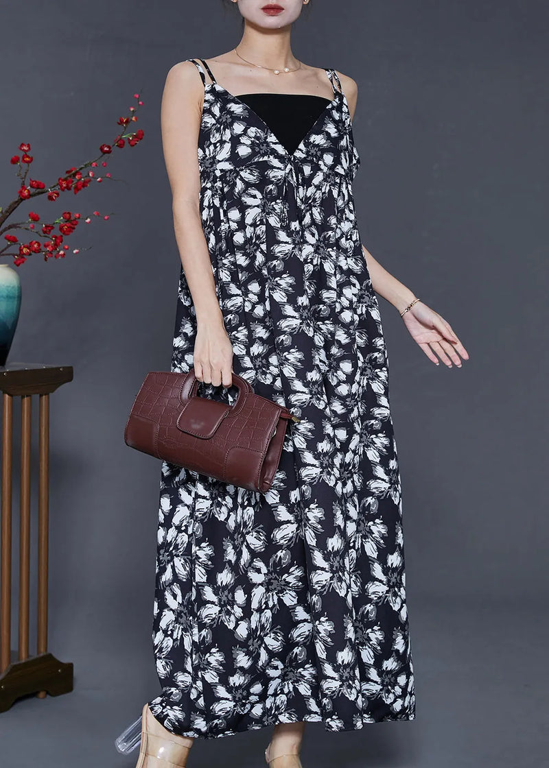 Black Print Exra Large Hem Chiffon Sundress Summer