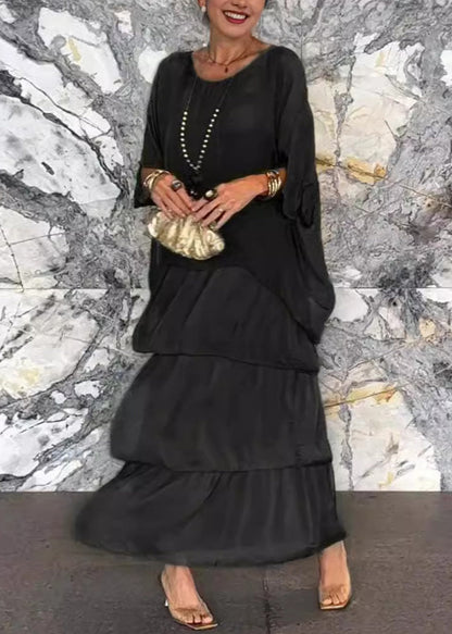 French Grey O Neck Chiffon Dresses Batwing Sleeve Summer