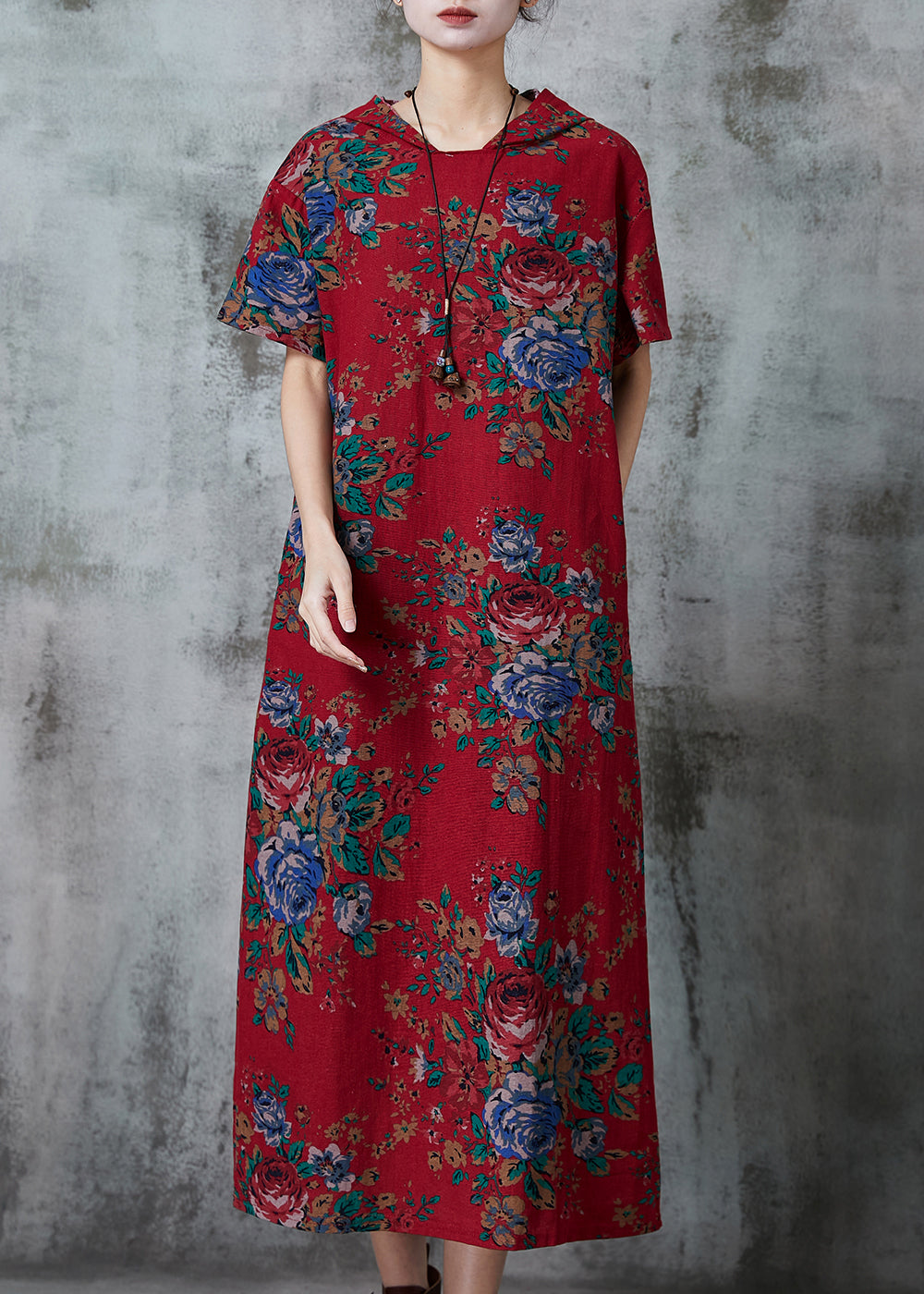 Red Hooded Print Cotton Long Dress Summer