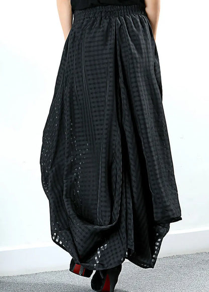 Simple Black Pockets Plaid Wide Half Skirt Spring
