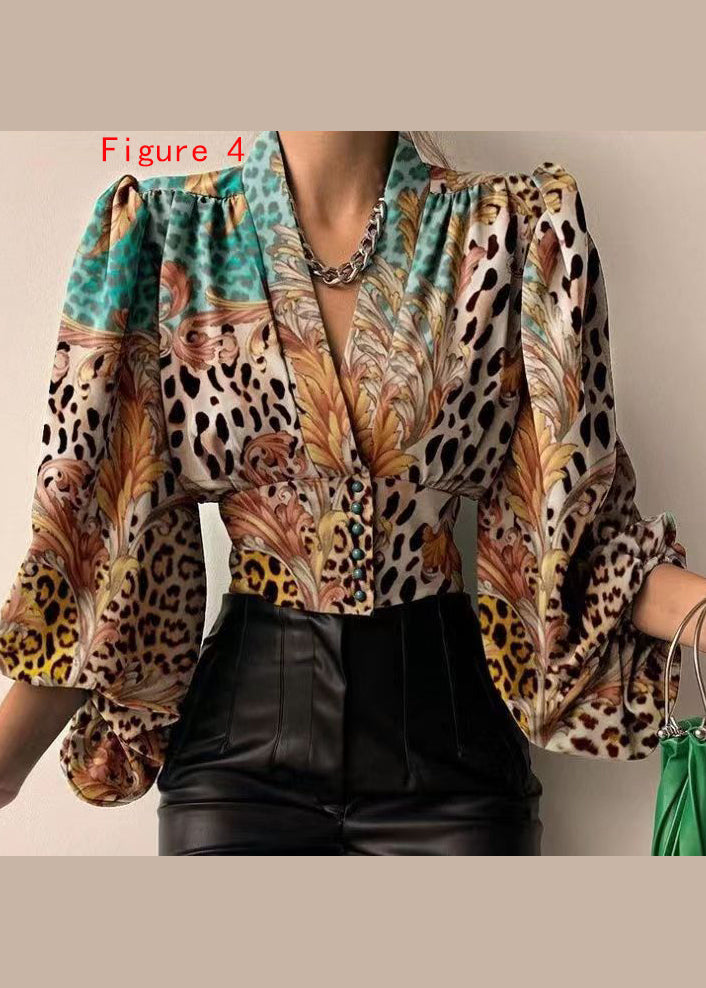 New European and American Spring V-neck Lantern Sleeve Shirt Top