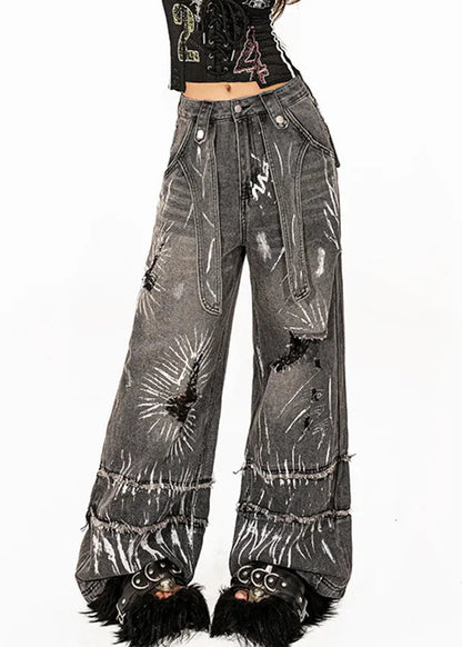 Loose Dark Grey Pockets Tie Dye Hole High Waist Wide Leg Jeans