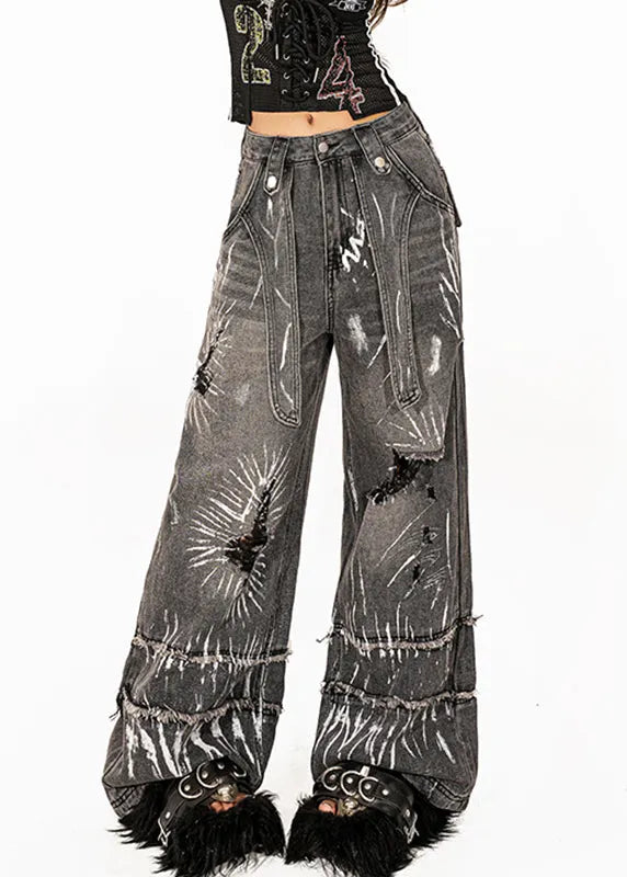Loose Dark Grey Pockets Tie Dye Hole High Waist Wide Leg Jeans