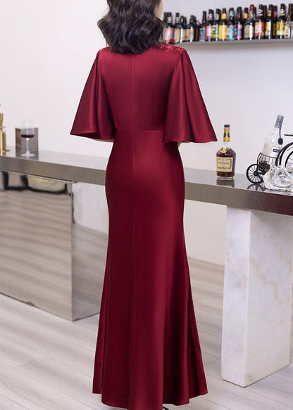 Classy Wine Red V Neck Embroideried Cotton Long Dresses Butterfly Sleeve