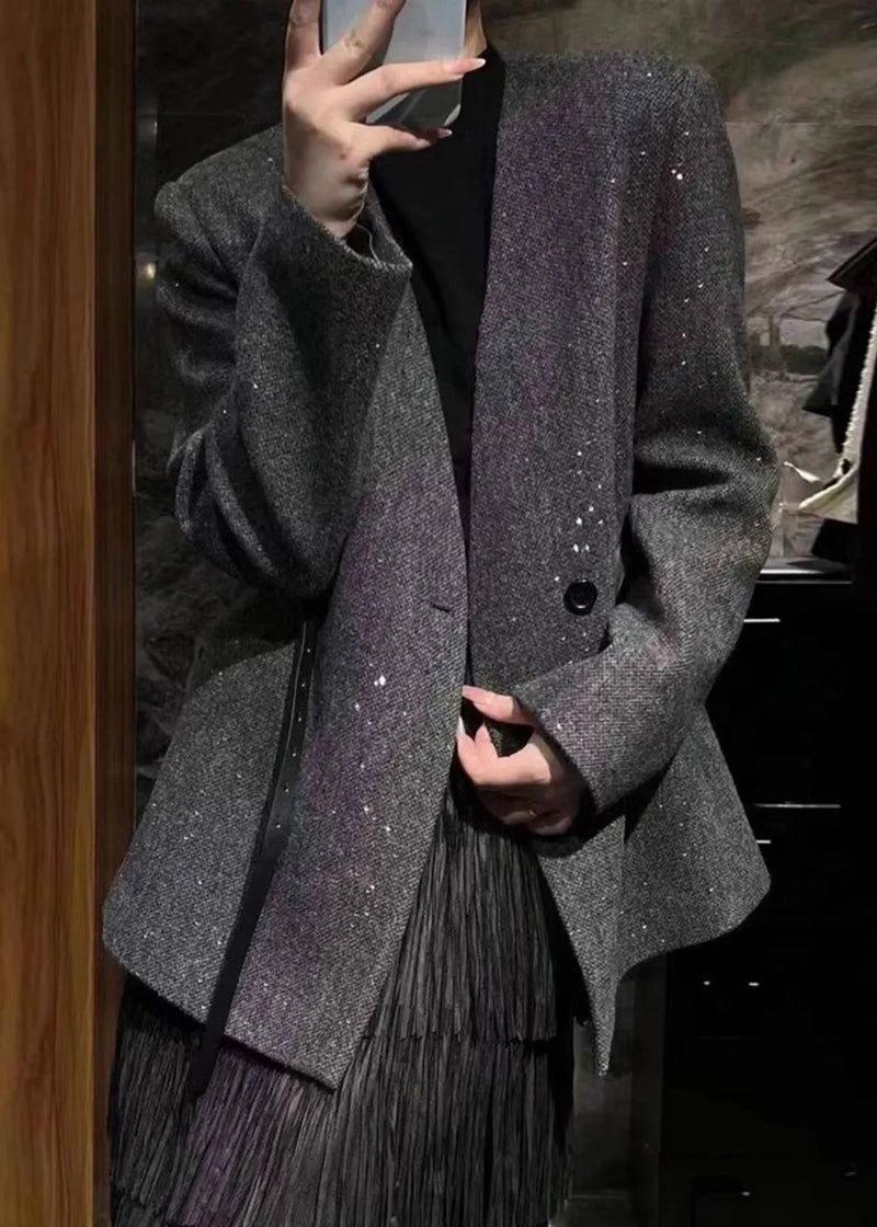 Grey V Neck Woolen Suit Coats Fall