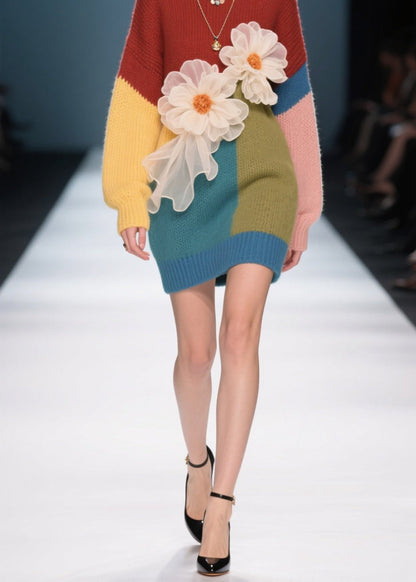 French Colorblock O Neck Knit Sweater Dress Fall