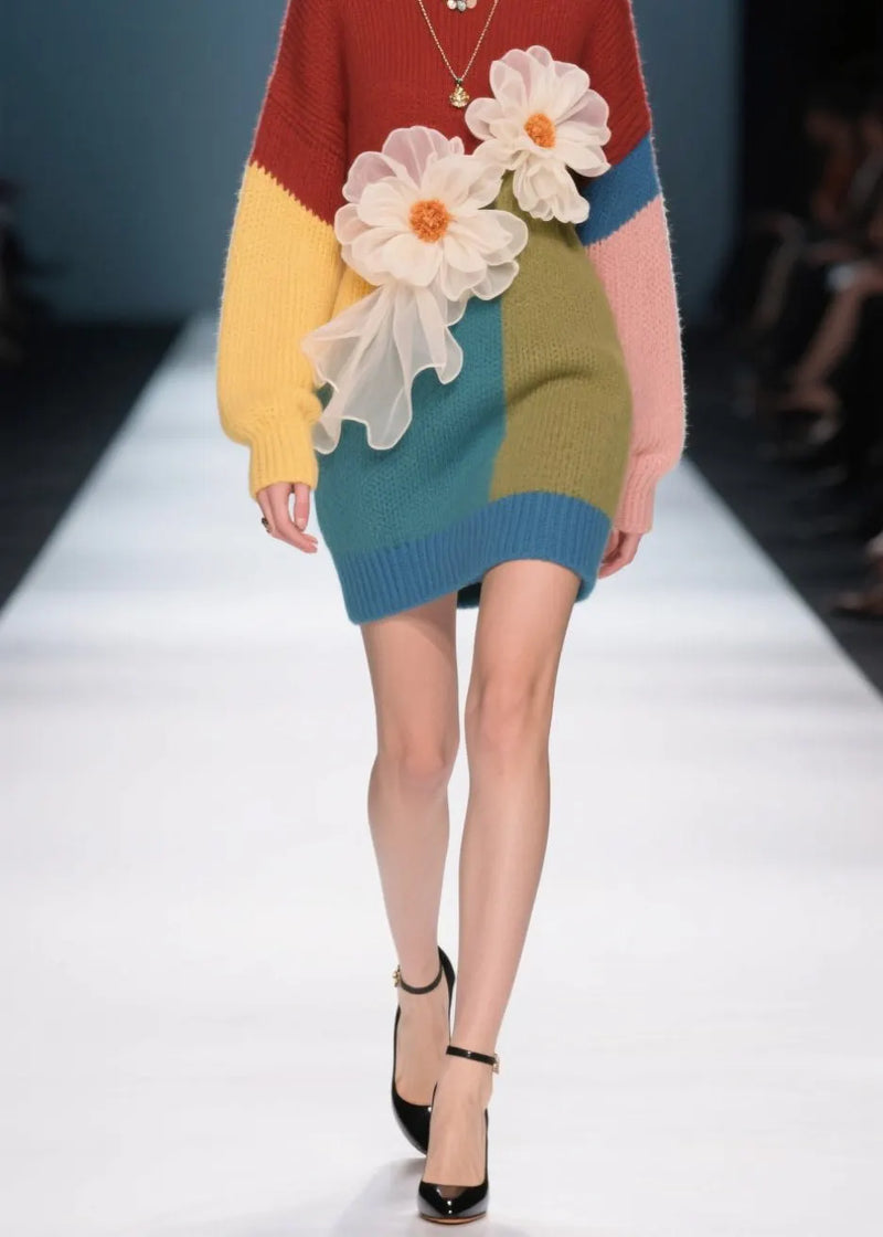 French Colorblock O Neck Knit Sweater Dress Fall