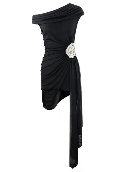 French Black Asymmetrical Zircon Mid Dress Summer