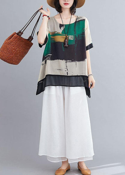Green Print O-neck Two Pieces Set Summer Chiffon