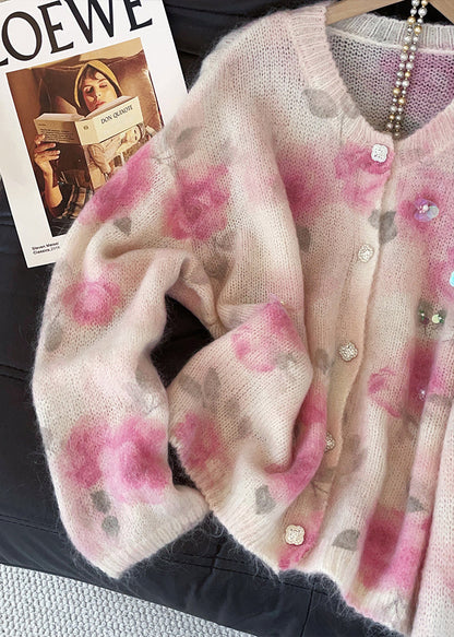 Art Pink Sequins Print Knit Cardigan Fall