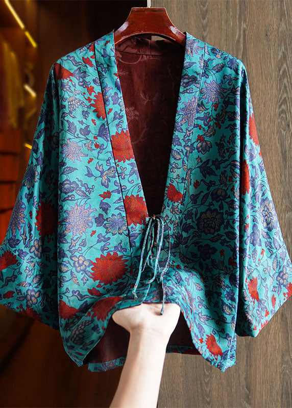 Blue V Neck Print Tie Waist Silk Coats Long Sleeve