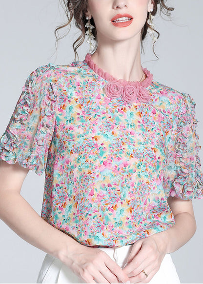 Ruffled Print Button Silk Top Short Sleeve