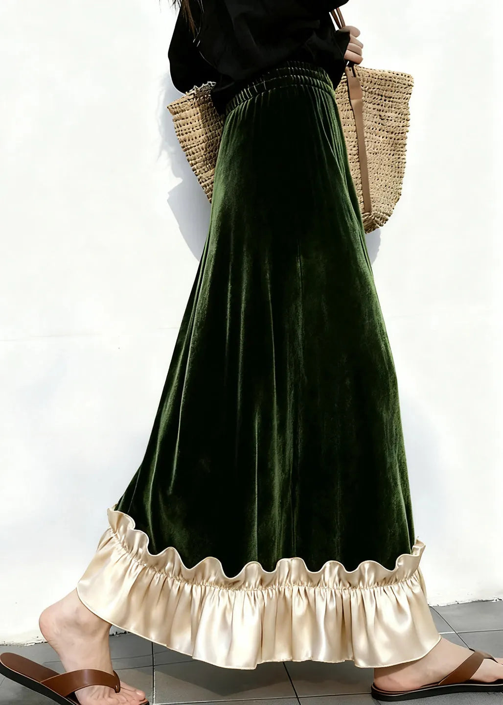Ruffled Elastic Waist Patchwork Velour Skirt Winter