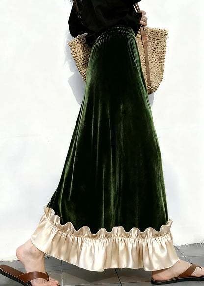Ruffled Elastic Waist Patchwork Velour Skirt Winter