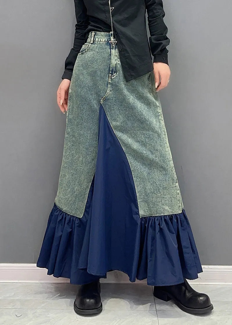 Style Blue Ruffled Pockets Patchwork Slim Fit Denim Skirt Fall