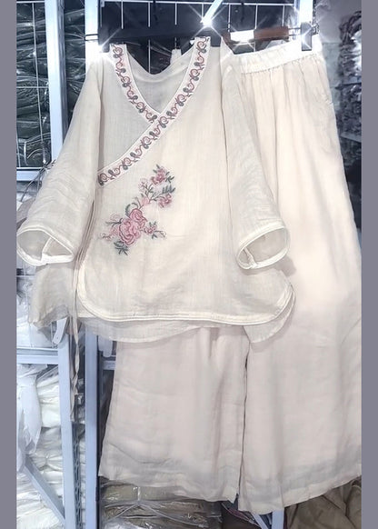 Loose Beige O Neck Embroidered Lace Up Linen Two Pieces Set Fall