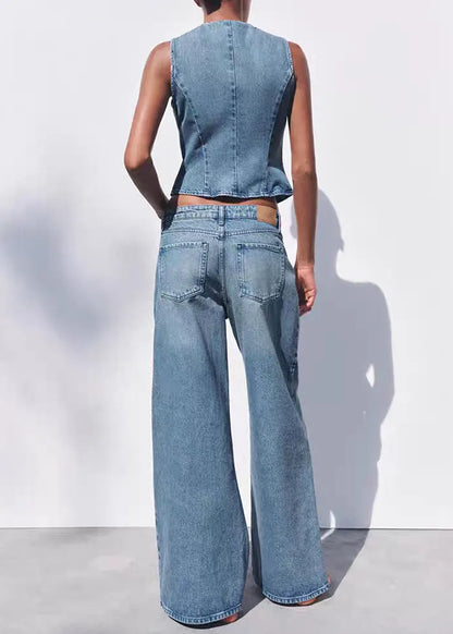 Fine Blue O Neck Button Denim Two Piece Set Sleeveless