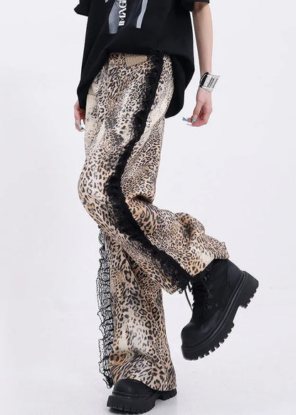 Leopard Pockets Lace Patchwork Denim Wide Leg Pants Fall
