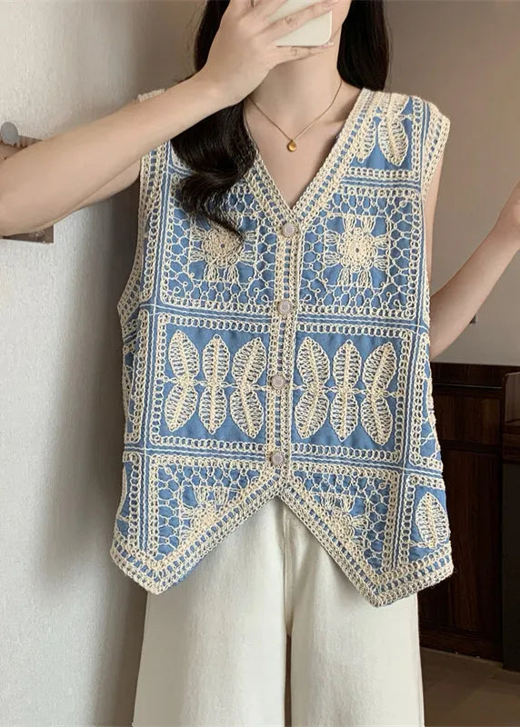 Vogue Blue V Neck Lace Patchwork Waistcoat Vest Sleeveless