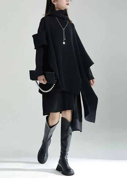Stylish Black Asymmetrical Patchwork Knit Two Pieces Set Winter