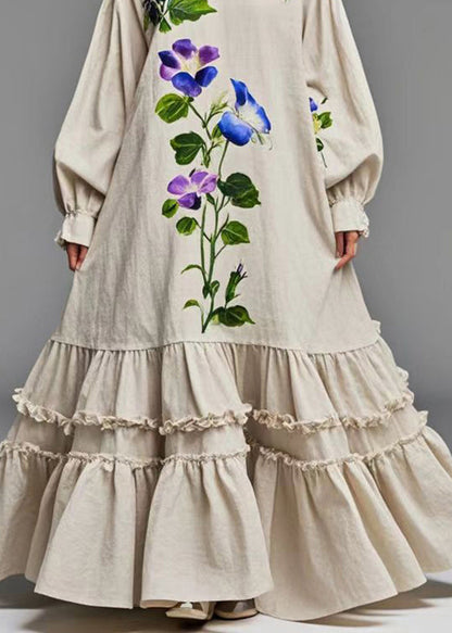 Beige Ruffled Print Cotton Holiday Dress Fall