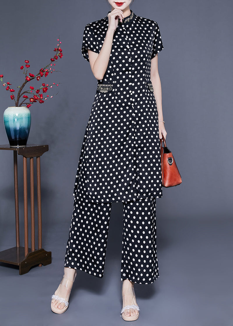 Italian Black Stand Collar Dot Print Side Open Silk Two Pieces Set Summer