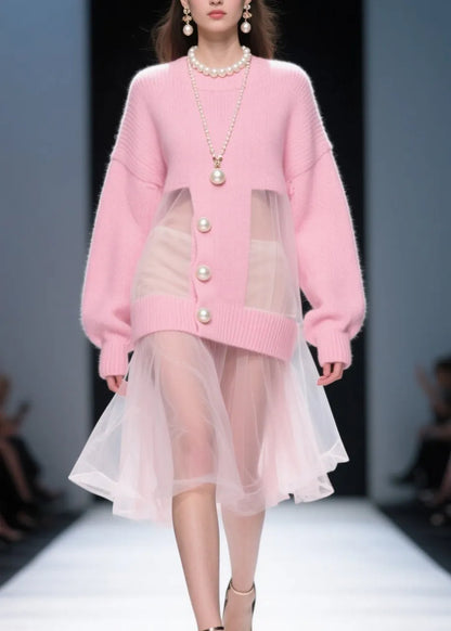 Pink O Neck Tulle Patchwork Knit Sweater Dress Fall