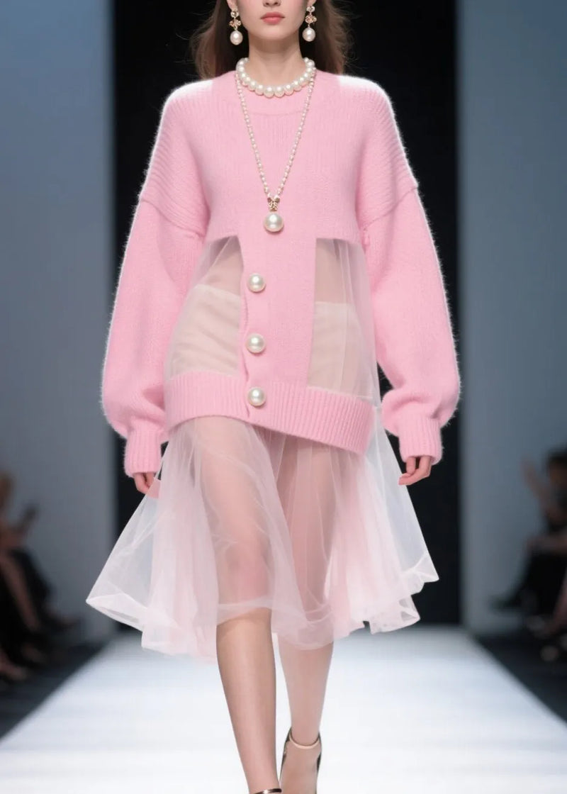 Pink O Neck Tulle Patchwork Knit Sweater Dress Fall