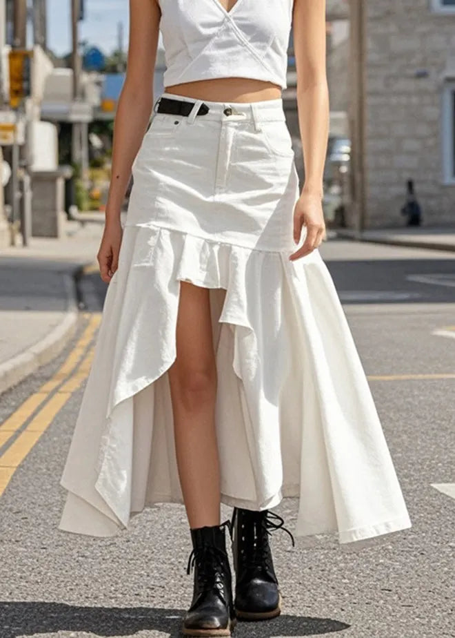 White Ruffled Low High Design Denim Skirts Spring