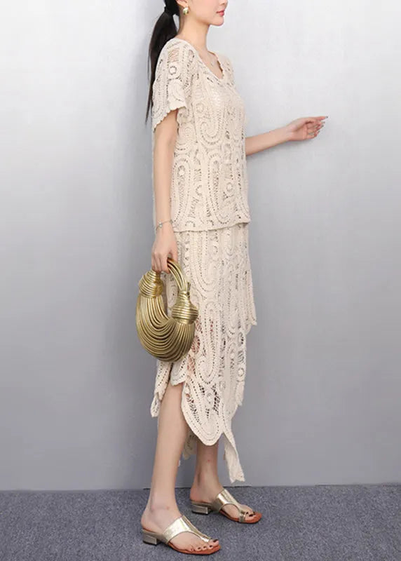 Beige O-neck Lace T Shirt and Maxi Skirts Two Piece Set Short Sleeve