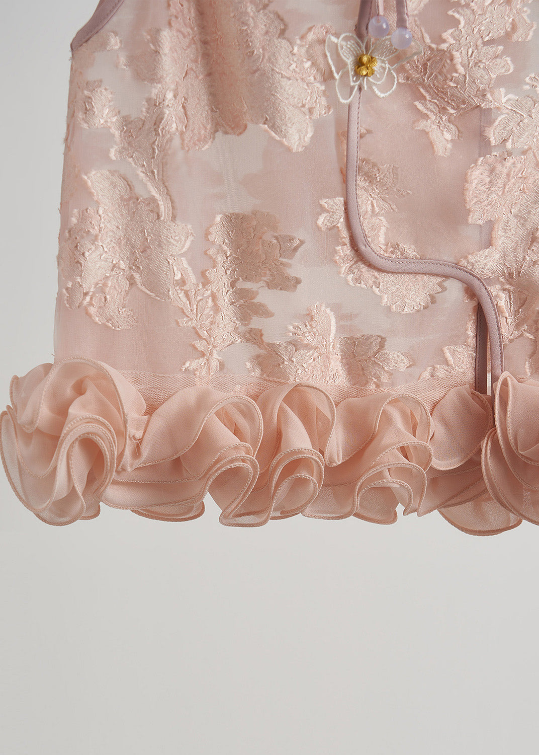 Pink Ruffled Jacquard Silk Vest Sleeveless