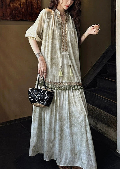 Loose Green Tasseled Silk Long Dresses Butterfly Sleeve