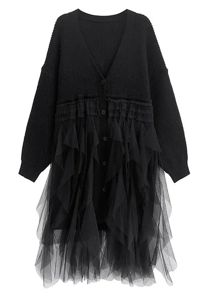New Black V Neck Tulle Patchwork Cotton Knit Loose Cardigans Dresses Spring