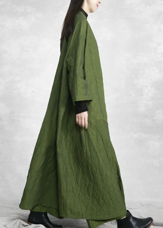 Green V Neck Pockets Trench Coats and Wide Leg Pants Two Pieces Set Spring