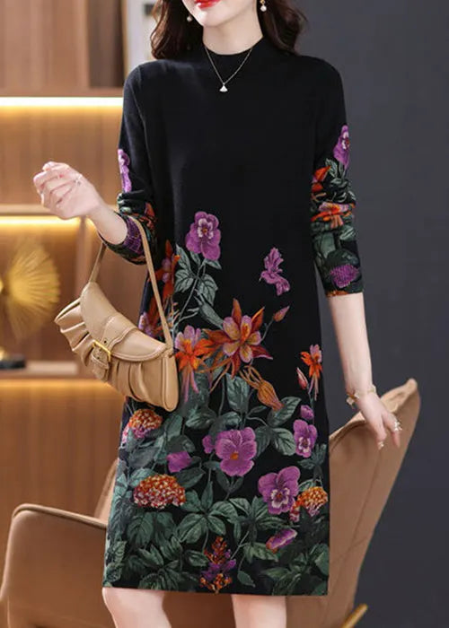 Black Turtleneck Print Wool Knit Dress Long Sleeve