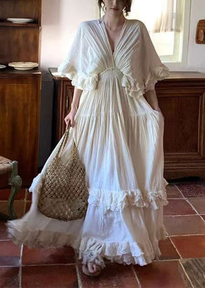 White Exra Large Hem Cotton Dresses Cloak Sleeves
